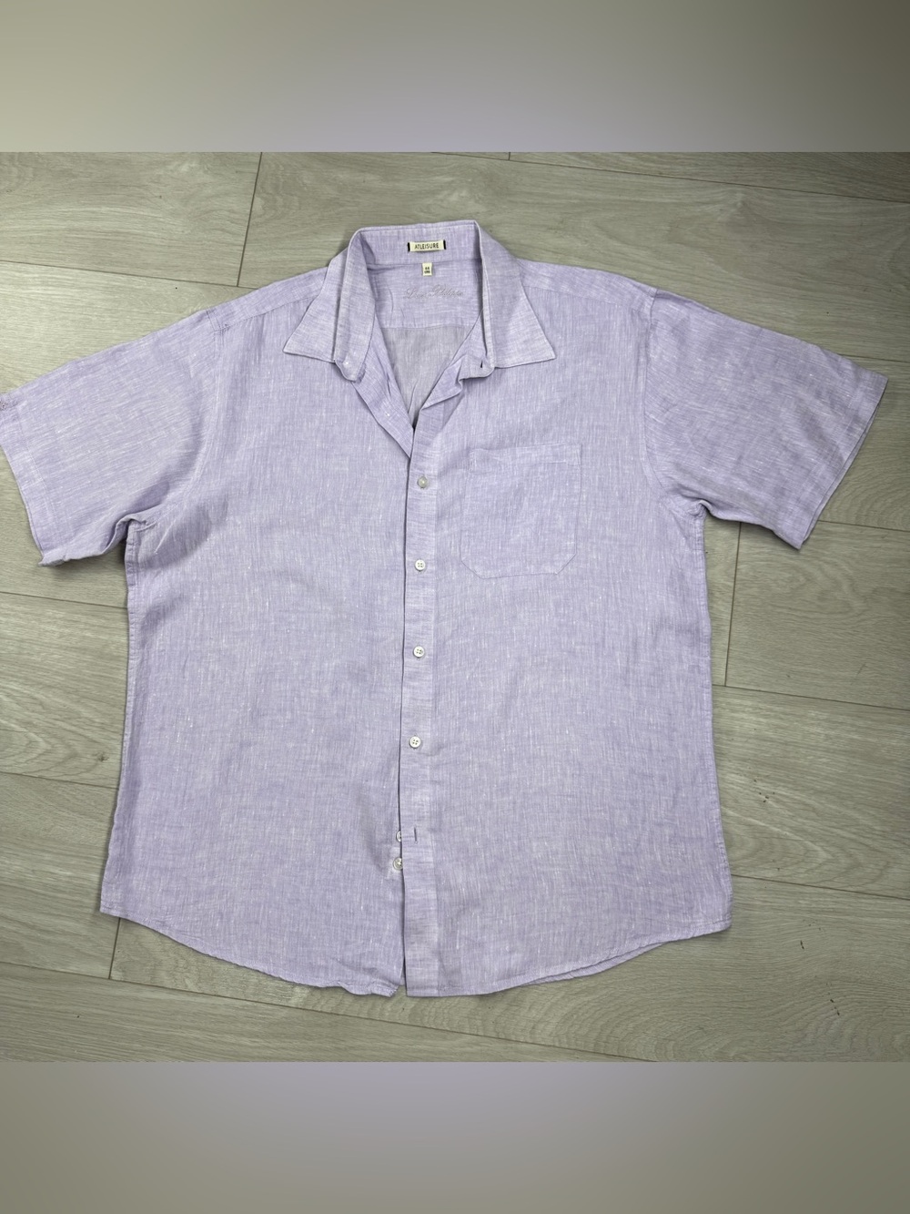 Atleisure 100% Linen Lavender Short Sleeve Button Front Shirt Men 44 Medium
